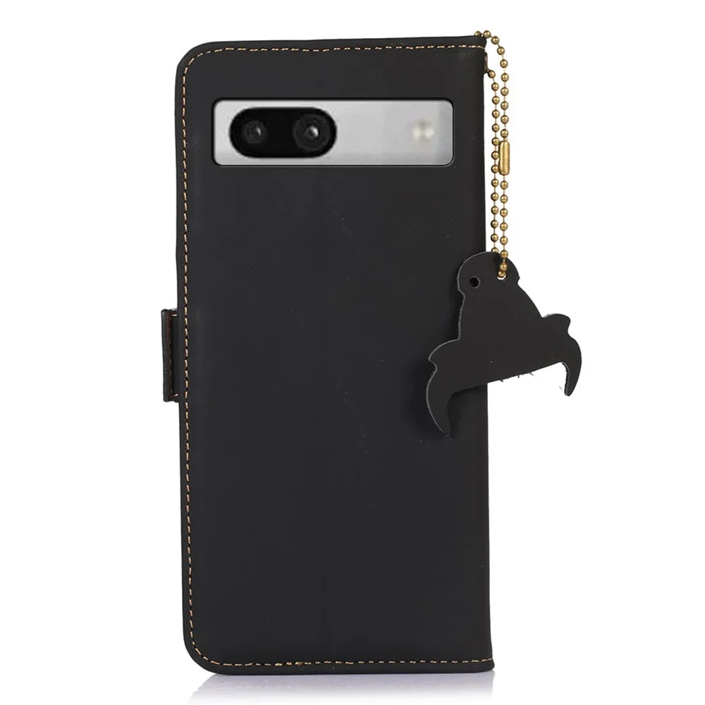 For Google Pixel 7a RFID Blocking Phone Cover Genuine Cow Leather Case with Stand Wallet - Black - 6