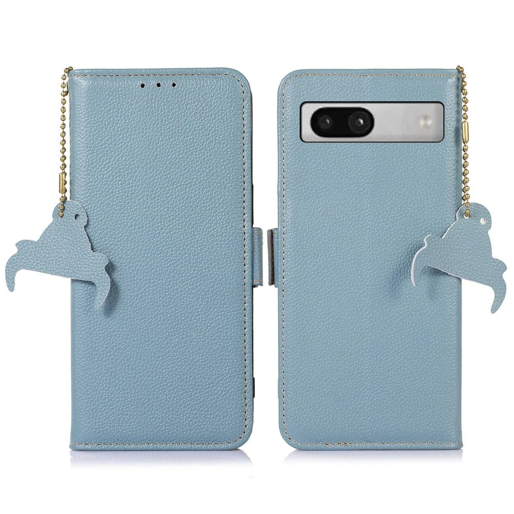 For Google Pixel 7a Wallet Stand Phone Cover RFID Blocking Genuine Cow Leather Phone Case - Blue - 1