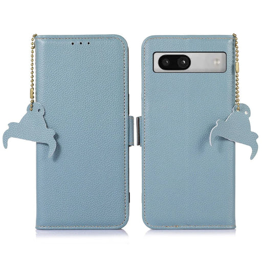 For Google Pixel 7a Wallet Stand Phone Cover RFID Blocking Genuine Cow Leather Phone Case - Blue - 1