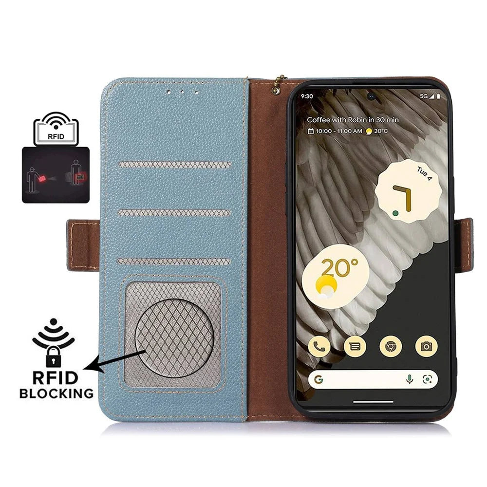 For Google Pixel 7a Wallet Stand Phone Cover RFID Blocking Genuine Cow Leather Phone Case - Blue - 2
