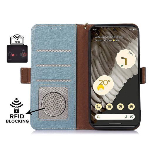For Google Pixel 7a Wallet Stand Phone Cover RFID Blocking Genuine Cow Leather Phone Case - Blue - 2