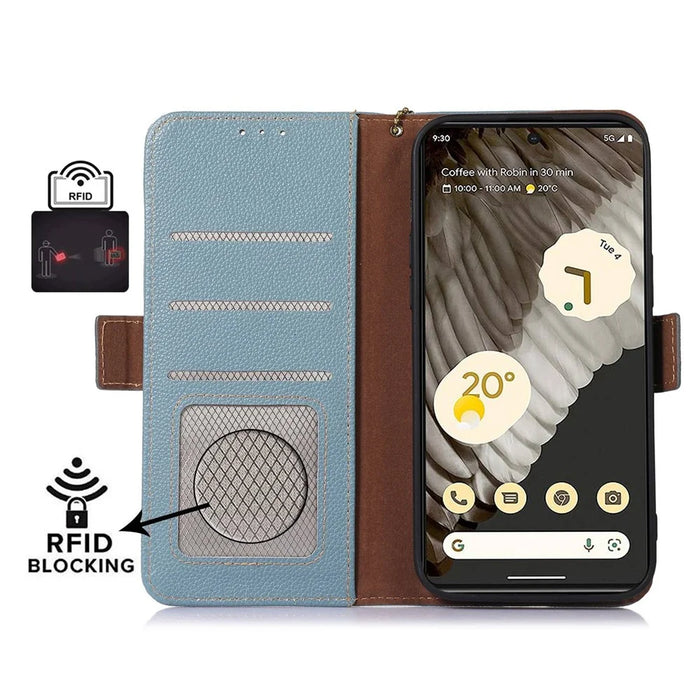 For Google Pixel 7a Wallet Stand Phone Cover RFID Blocking Genuine Cow Leather Phone Case - Blue - 2