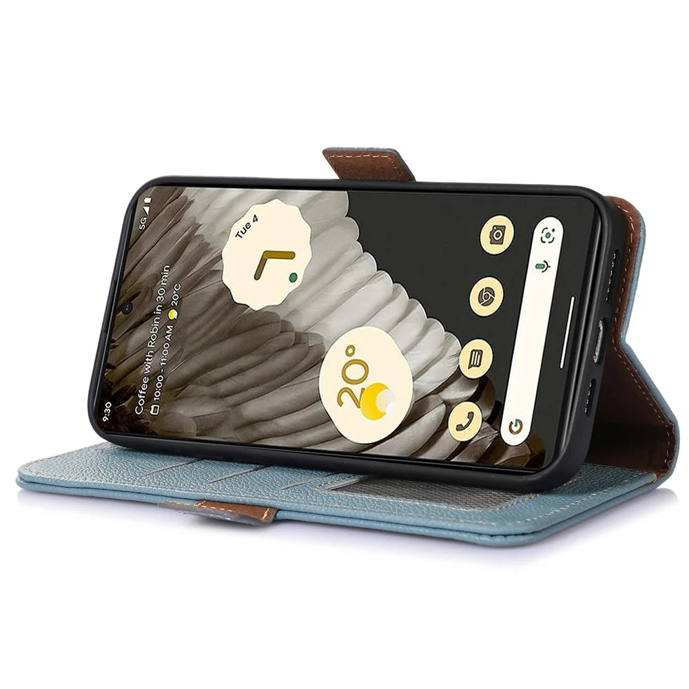 For Google Pixel 7a Wallet Stand Phone Cover RFID Blocking Genuine Cow Leather Phone Case - Blue - 3