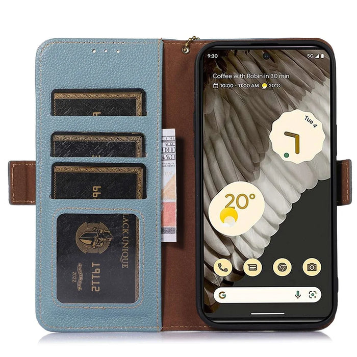 For Google Pixel 7a Wallet Stand Phone Cover RFID Blocking Genuine Cow Leather Phone Case - Blue - 4