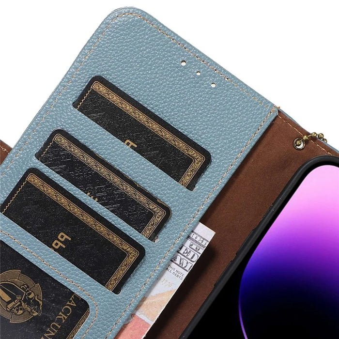For Google Pixel 7a Wallet Stand Phone Cover RFID Blocking Genuine Cow Leather Phone Case - Blue - 5