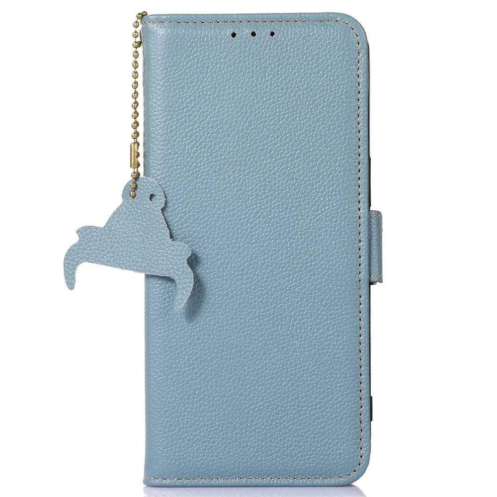 For Google Pixel 7a Wallet Stand Phone Cover RFID Blocking Genuine Cow Leather Phone Case - Blue - 6