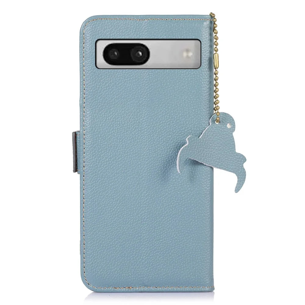 For Google Pixel 7a Wallet Stand Phone Cover RFID Blocking Genuine Cow Leather Phone Case - Blue - 7
