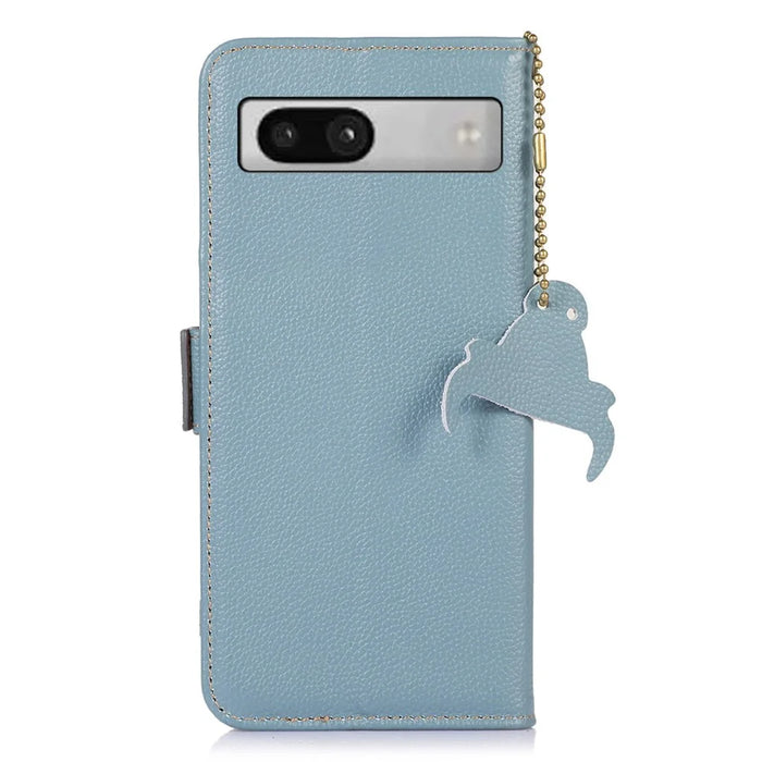 For Google Pixel 7a Wallet Stand Phone Cover RFID Blocking Genuine Cow Leather Phone Case - Blue - 7
