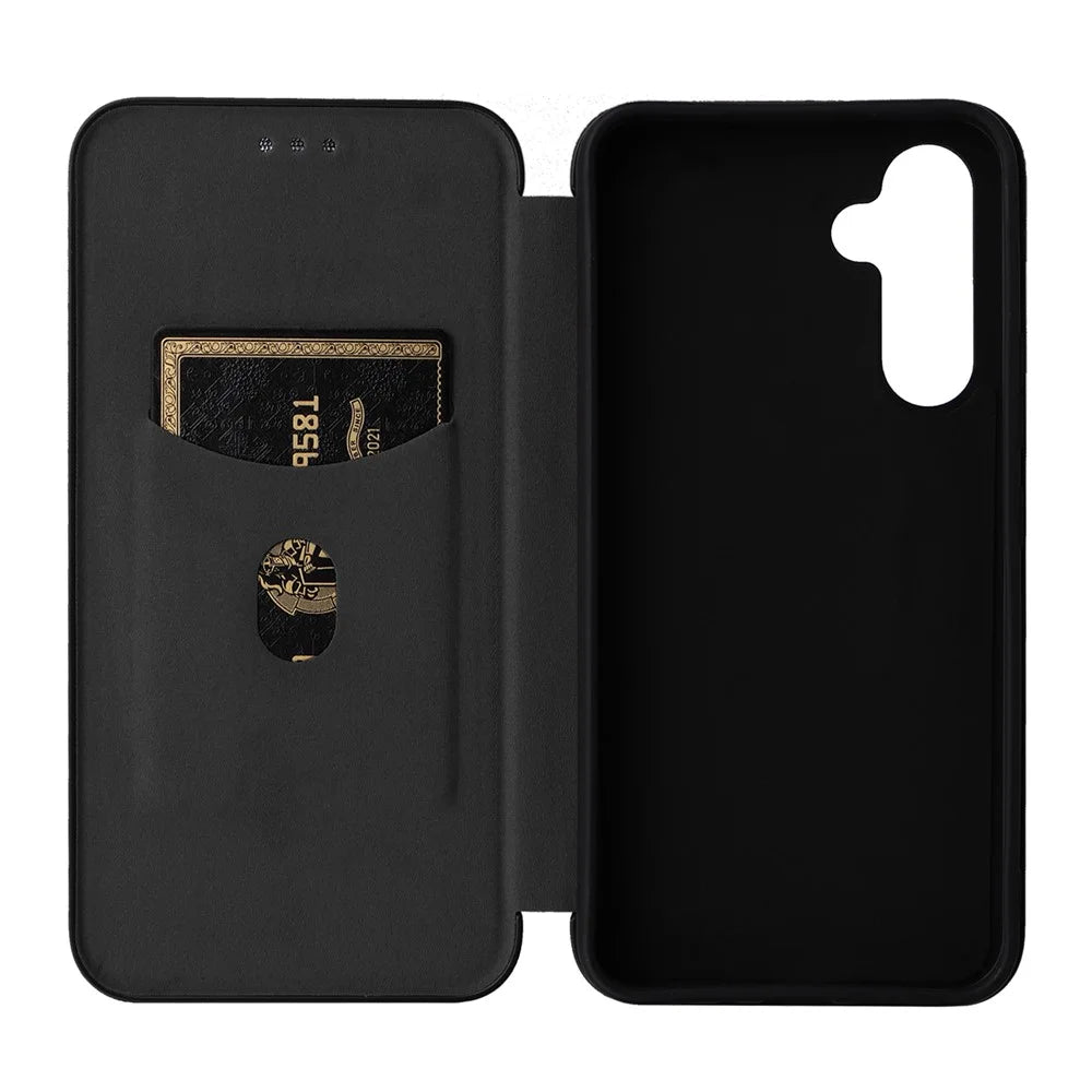 For Samsung Galaxy A34 5G Carbon Fiber Texture Leather Stand Phone Cover Phone Case with Card Slot - Black - 6