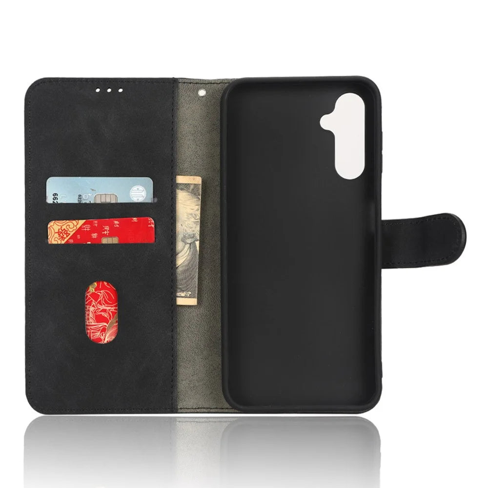 For Samsung Galaxy A24 4G (162.1 x 77.6 x 8.3mm) Skin-touch Phone Case Stand Wallet TPU+PU Leather Shockproof Phone Cover - Black - 4