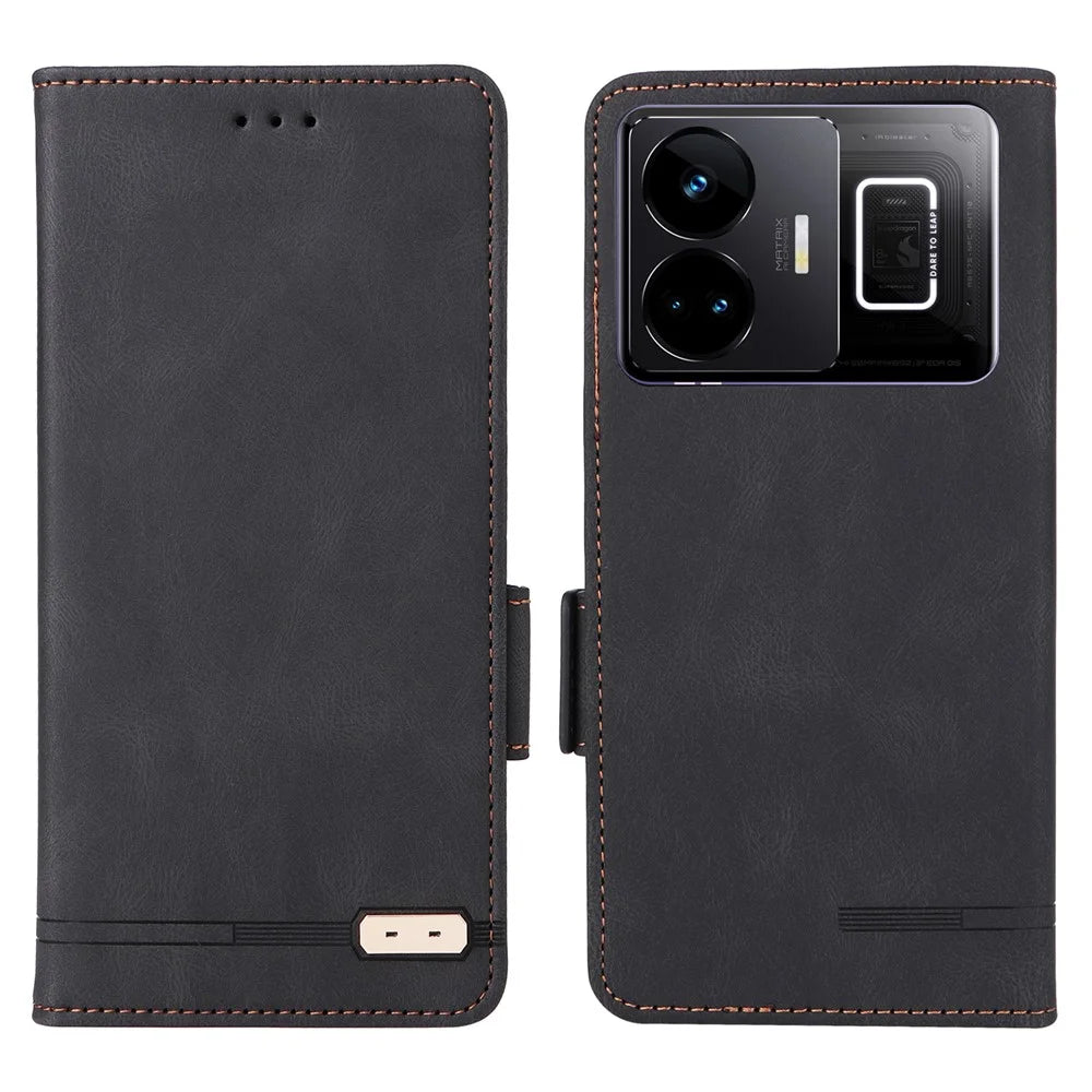 For Realme GT Neo 5 5G / GT3 5G Magnetic PU Leather Anti-drop Case Hardware Decor Wallet Stand Shell - Black - 1
