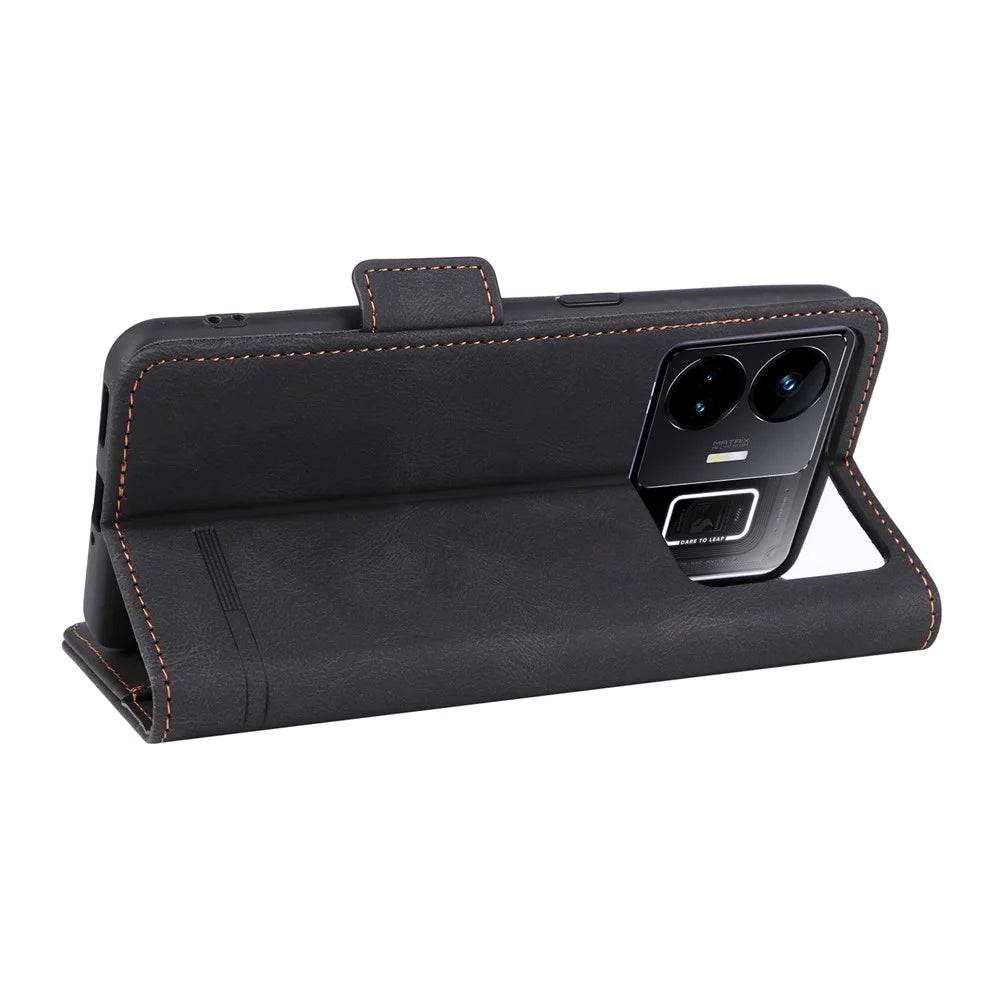 For Realme GT Neo 5 5G / GT3 5G Magnetic PU Leather Anti-drop Case Hardware Decor Wallet Stand Shell - Black - 4