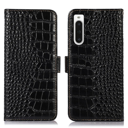 For Sony Xperia 10 V Crocodile Texture Phone Cover RFID Blocking Stand Genuine Cowhide Leather Phone Case - Black - 1