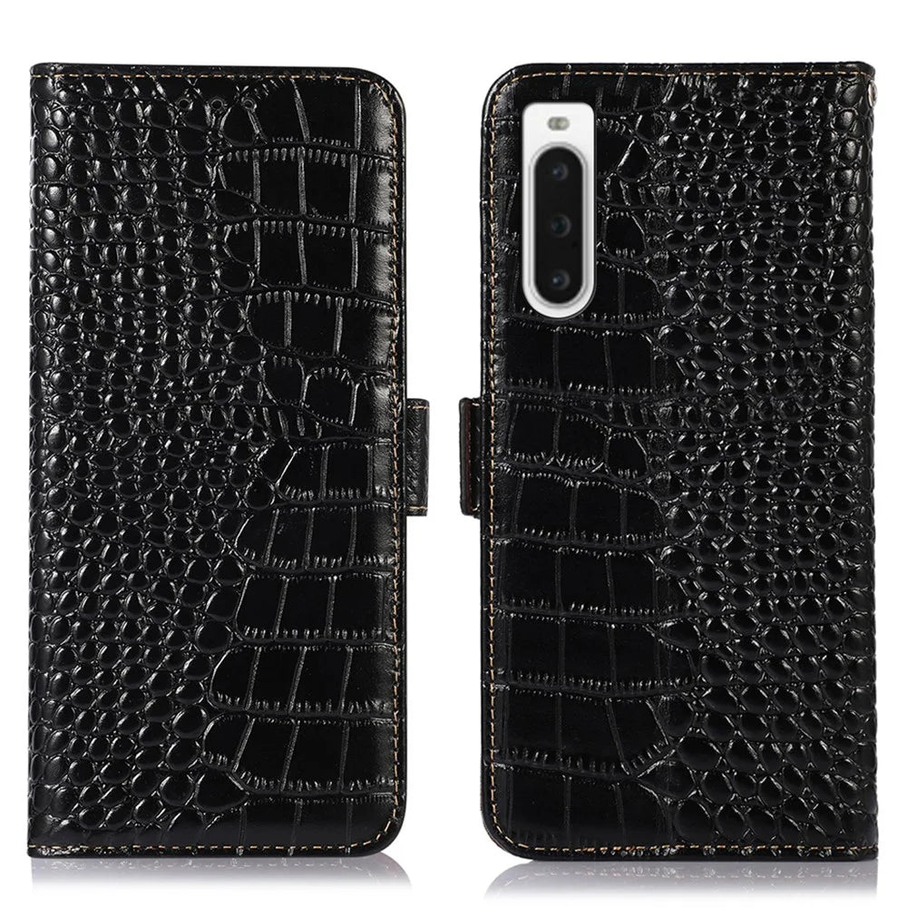 For Sony Xperia 10 V Crocodile Texture Phone Cover RFID Blocking Stand Genuine Cowhide Leather Phone Case - Black - 1
