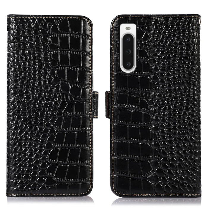 For Sony Xperia 10 V Crocodile Texture Phone Cover RFID Blocking Stand Genuine Cowhide Leather Phone Case - Black - 1