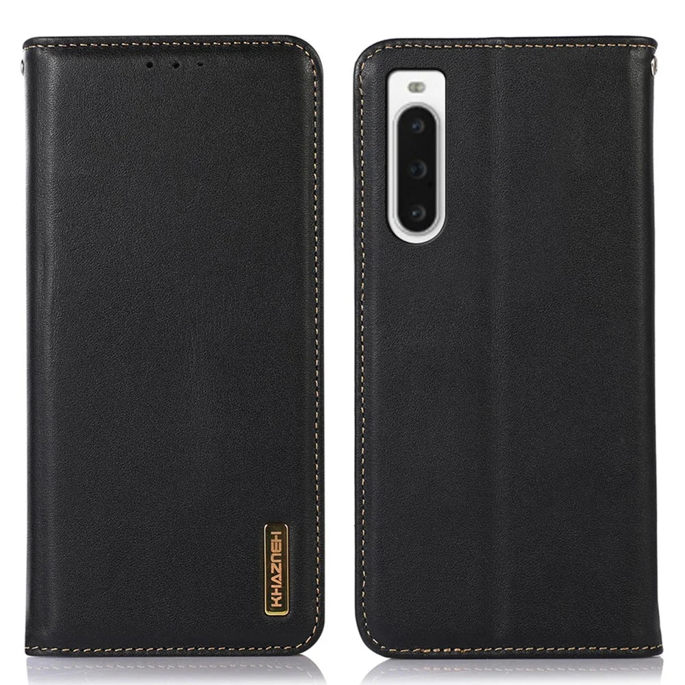 KHAZNEH for Sony Xperia 10 V Phone Case RFID Blocking Wallet Genuine Cowhide Leather Stand Cell Phone Cover - Black - 1