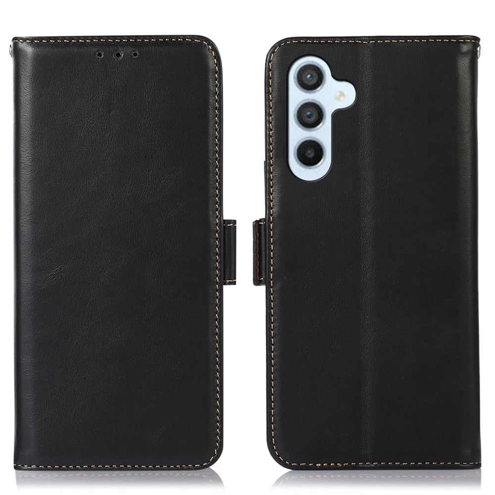 For Samsung Galaxy M14 5G Case RFID Blocking Genuine Cowhide Leather Wallet Phone Cover - Black - 1