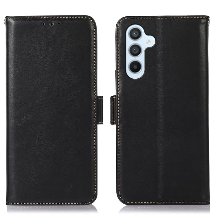 For Samsung Galaxy M14 5G Case RFID Blocking Genuine Cowhide Leather Wallet Phone Cover - Black - 1