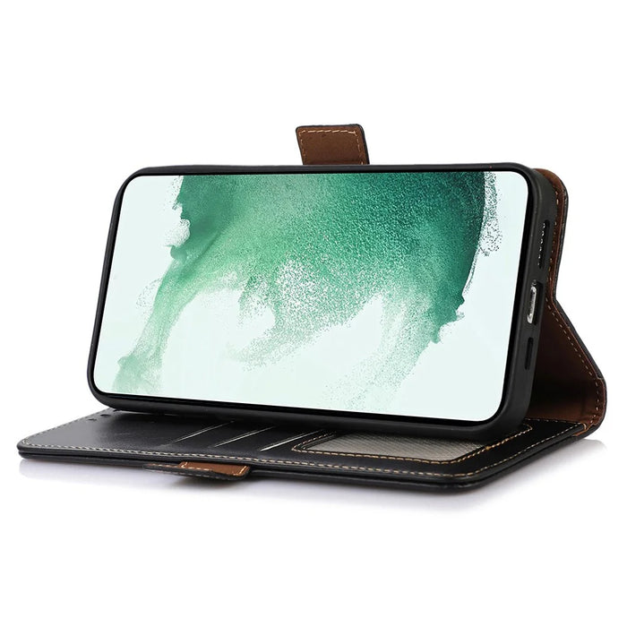 For Samsung Galaxy M14 5G Case RFID Blocking Genuine Cowhide Leather Wallet Phone Cover - Black - 3