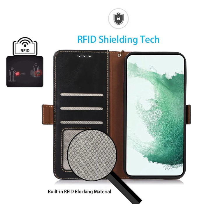 For Samsung Galaxy M14 5G Case RFID Blocking Genuine Cowhide Leather Wallet Phone Cover - Black - 4