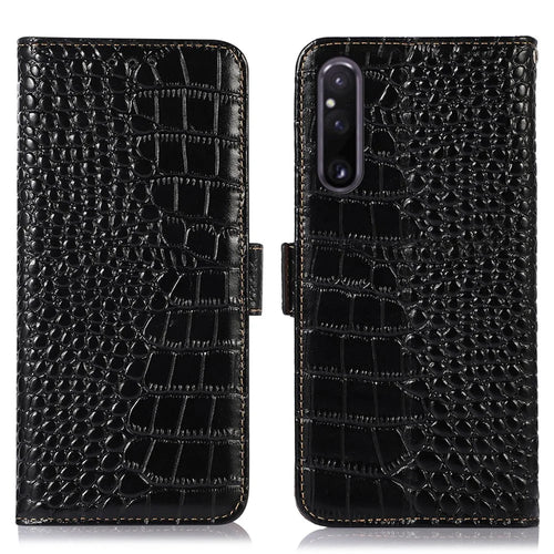 Wallet Phone Case for Sony Xperia 1 V , Crocodile Texture RFID Blocking Stand Genuine Cowhide Leather Phone Cover - Black - 1