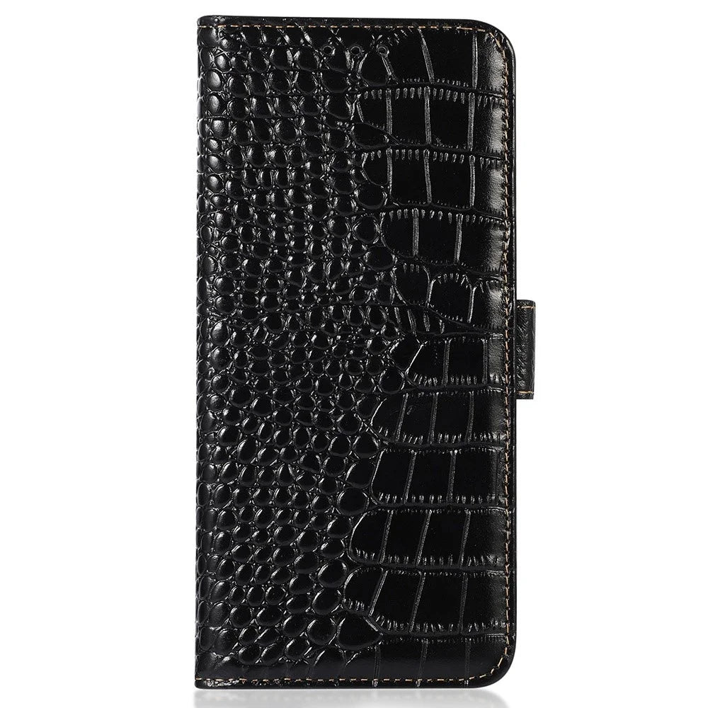Wallet Phone Case for Sony Xperia 1 V , Crocodile Texture RFID Blocking Stand Genuine Cowhide Leather Phone Cover - Black - 7