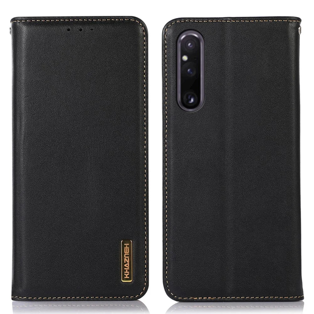 KHAZNEH for Sony Xperia 1 V RFID Blocking Wallet Phone Case Genuine Cowhide Leather Stand Cell Phone Cover - Black - 1