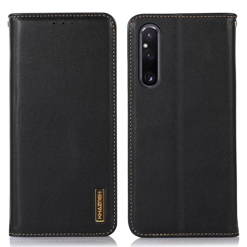 KHAZNEH for Sony Xperia 1 V RFID Blocking Wallet Phone Case Genuine Cowhide Leather Stand Cell Phone Cover - Black - 1