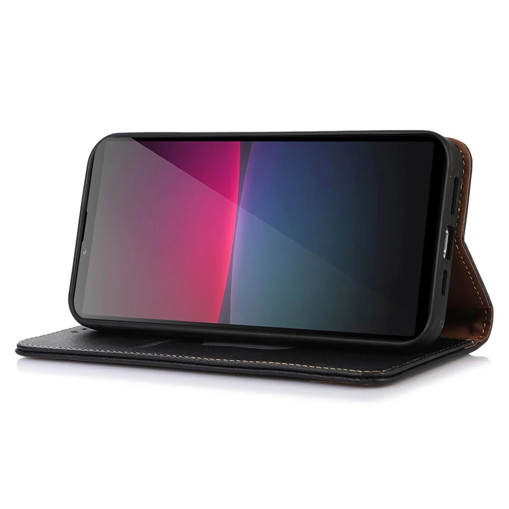 KHAZNEH for Sony Xperia 1 V RFID Blocking Wallet Phone Case Genuine Cowhide Leather Stand Cell Phone Cover - Black - 3