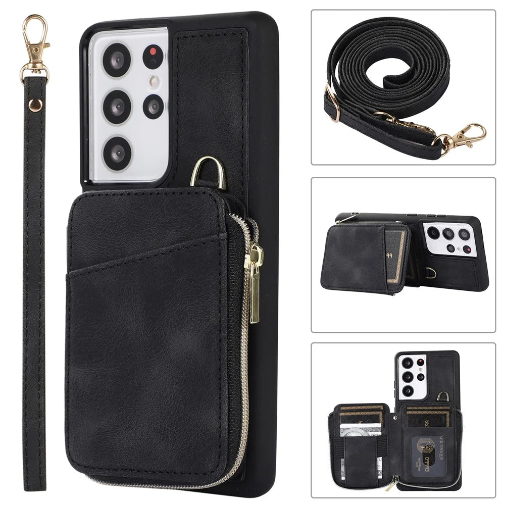 For Samsung Galaxy S23 Ultra Kickstand Phone Case Zipper Card Bag Leather+TPU Phone Cover with Straps - Black - 1