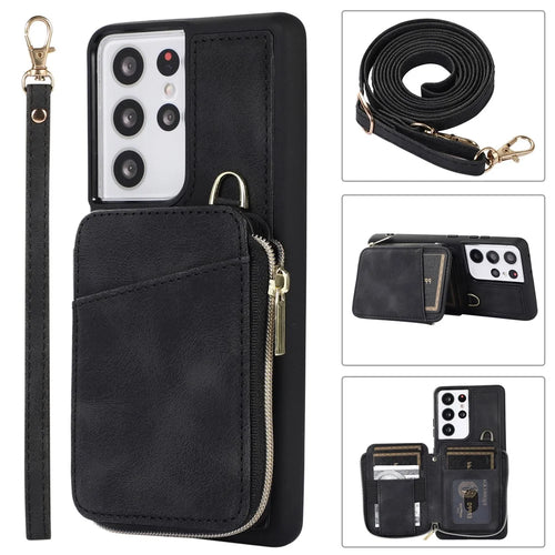 For Samsung Galaxy S23 Ultra Kickstand Phone Case Zipper Card Bag Leather+TPU Phone Cover with Straps - Black - 1