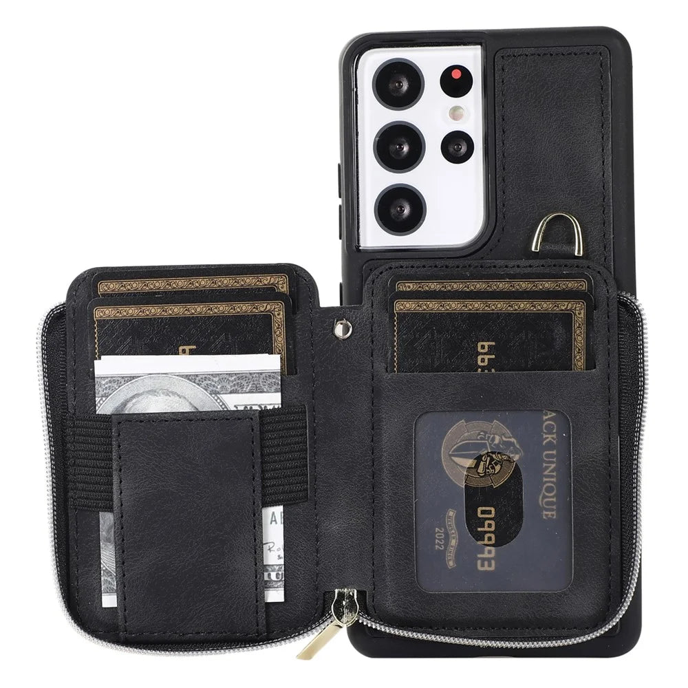 For Samsung Galaxy S23 Ultra Kickstand Phone Case Zipper Card Bag Leather+TPU Phone Cover with Straps - Black - 2
