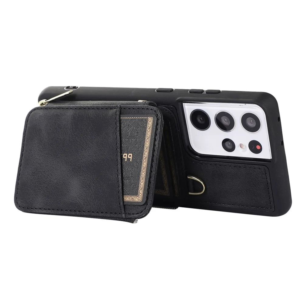 For Samsung Galaxy S23 Ultra Kickstand Phone Case Zipper Card Bag Leather+TPU Phone Cover with Straps - Black - 3