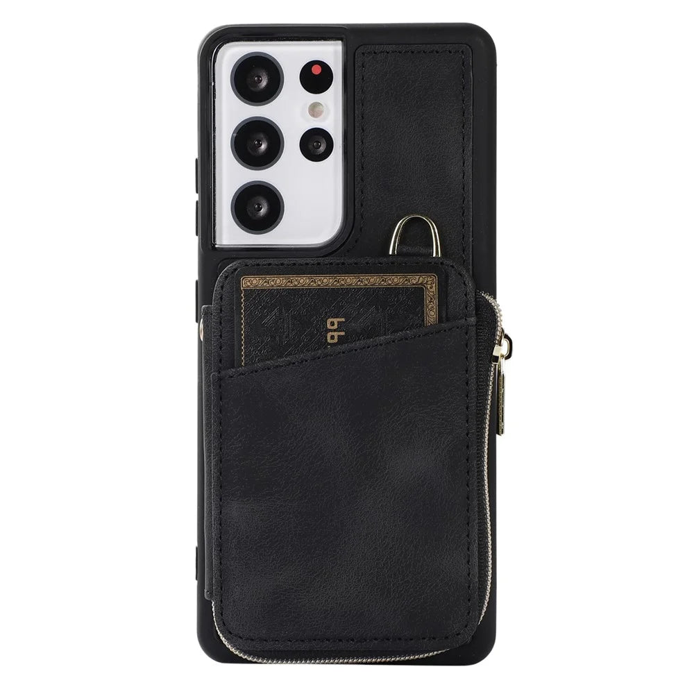 For Samsung Galaxy S23 Ultra Kickstand Phone Case Zipper Card Bag Leather+TPU Phone Cover with Straps - Black - 4