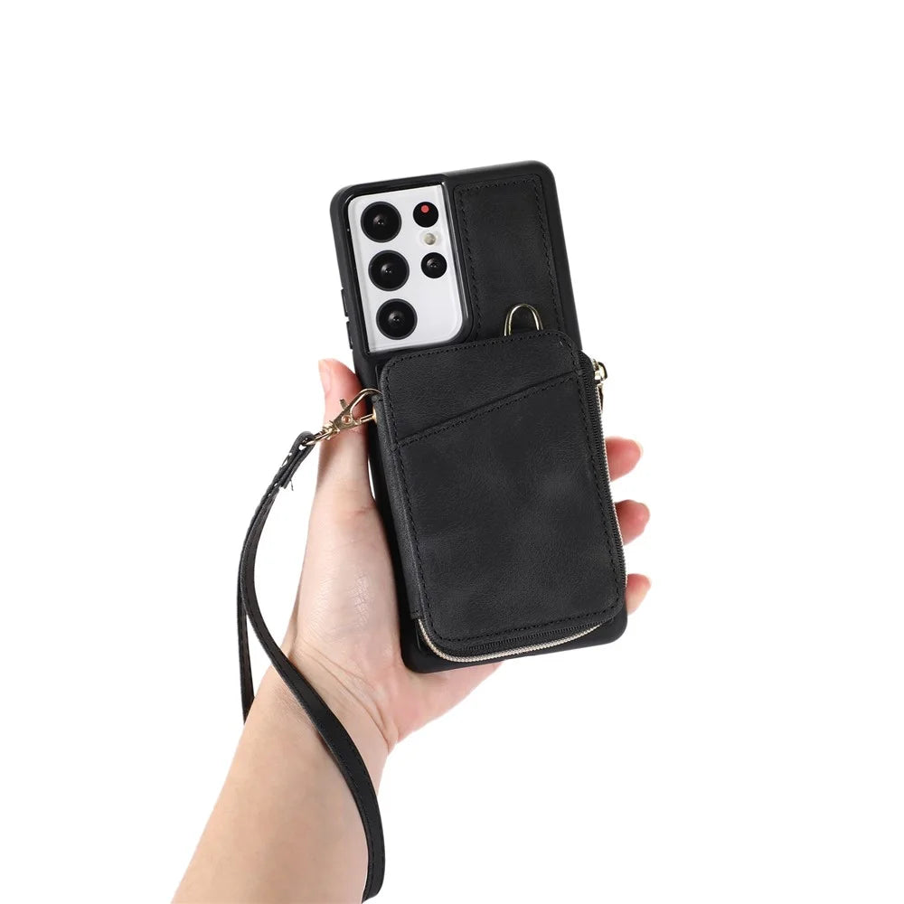 For Samsung Galaxy S23 Ultra Kickstand Phone Case Zipper Card Bag Leather+TPU Phone Cover with Straps - Black - 5