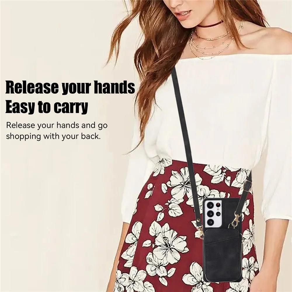 For Samsung Galaxy S23 Ultra Kickstand Phone Case Zipper Card Bag Leather+TPU Phone Cover with Straps - Black - 6