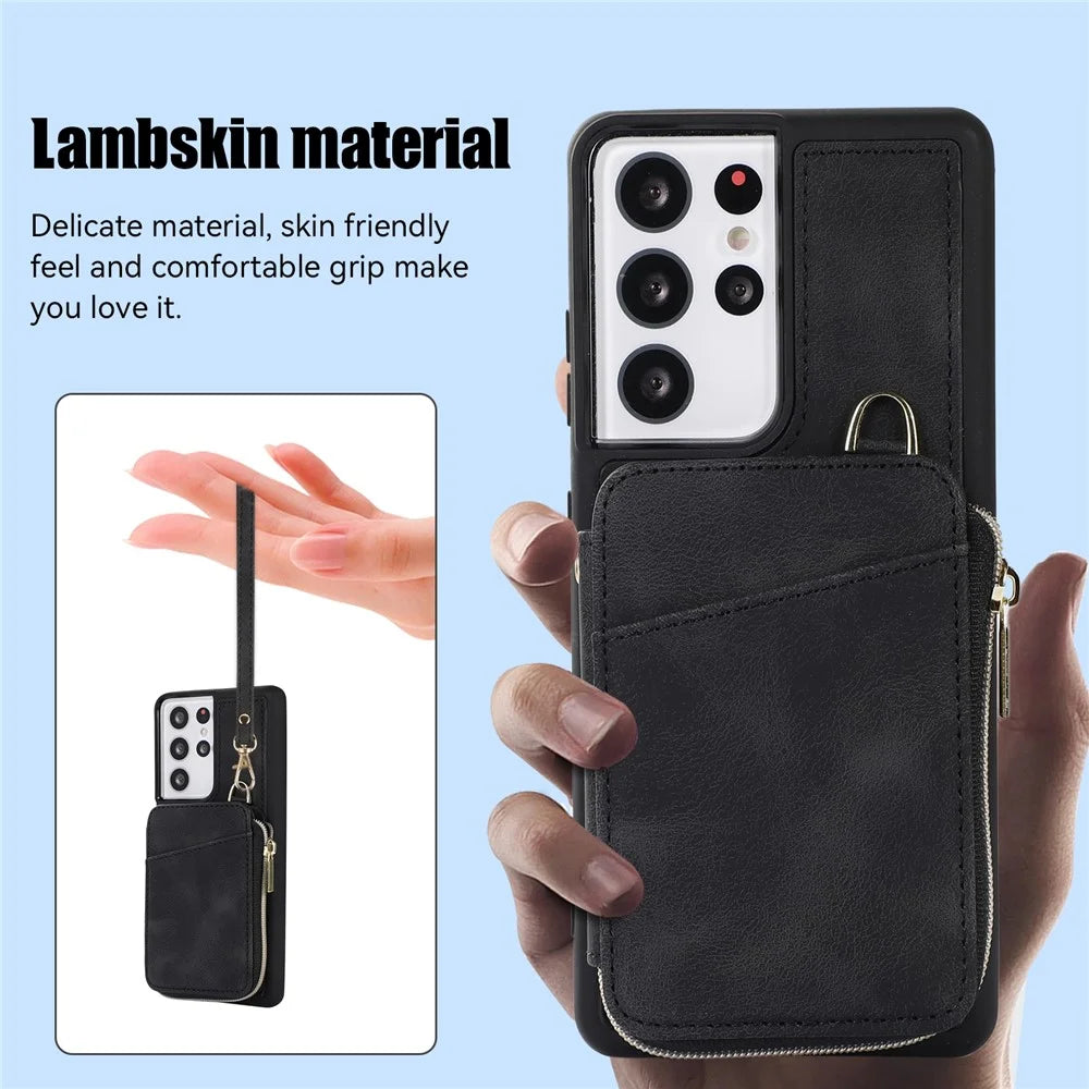 For Samsung Galaxy S23 Ultra Kickstand Phone Case Zipper Card Bag Leather+TPU Phone Cover with Straps - Black - 7
