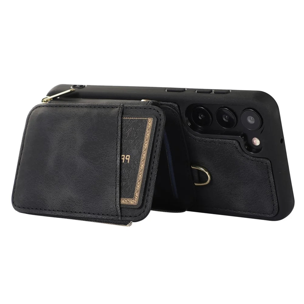 For Samsung Galaxy S23 Phone Case Zipper Card Slots Kickstand Leather Coated TPU Cover with Straps - Black - 3