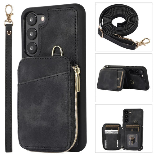 For Samsung Galaxy S23+ Zipper Card Holder Phone Case Leather Coated TPU Kickstand Cover with Straps - Black - 1