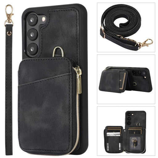 For Samsung Galaxy S23+ Zipper Card Holder Phone Case Leather Coated TPU Kickstand Cover with Straps - Black - 1