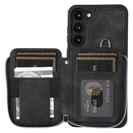 For Samsung Galaxy S23+ Zipper Card Holder Phone Case Leather Coated TPU Kickstand Cover with Straps - Black - 2