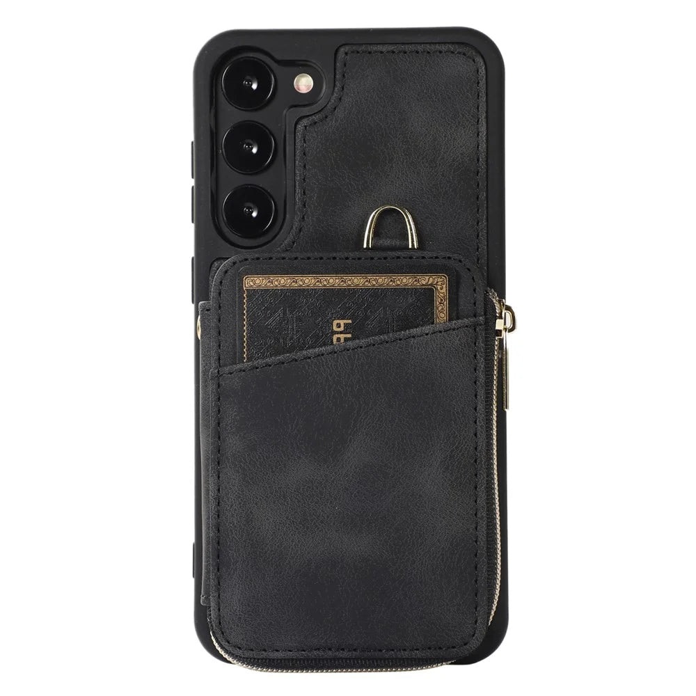 For Samsung Galaxy S23+ Zipper Card Holder Phone Case Leather Coated TPU Kickstand Cover with Straps - Black - 4
