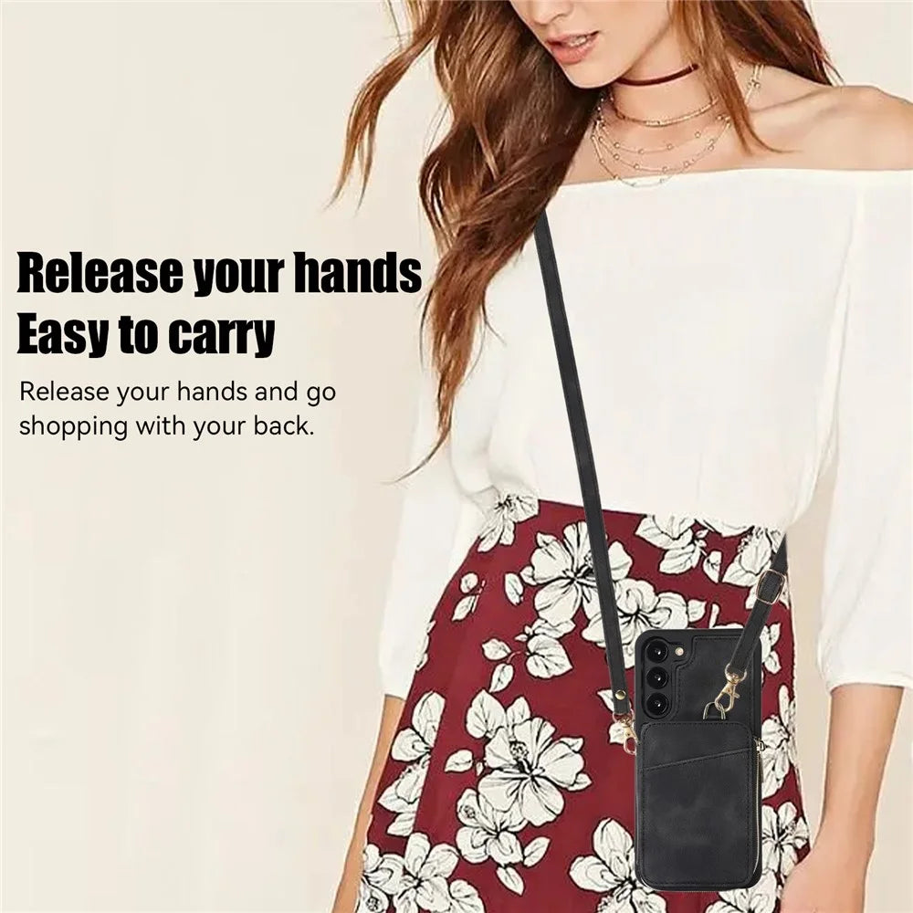 For Samsung Galaxy S23+ Zipper Card Holder Phone Case Leather Coated TPU Kickstand Cover with Straps - Black - 6