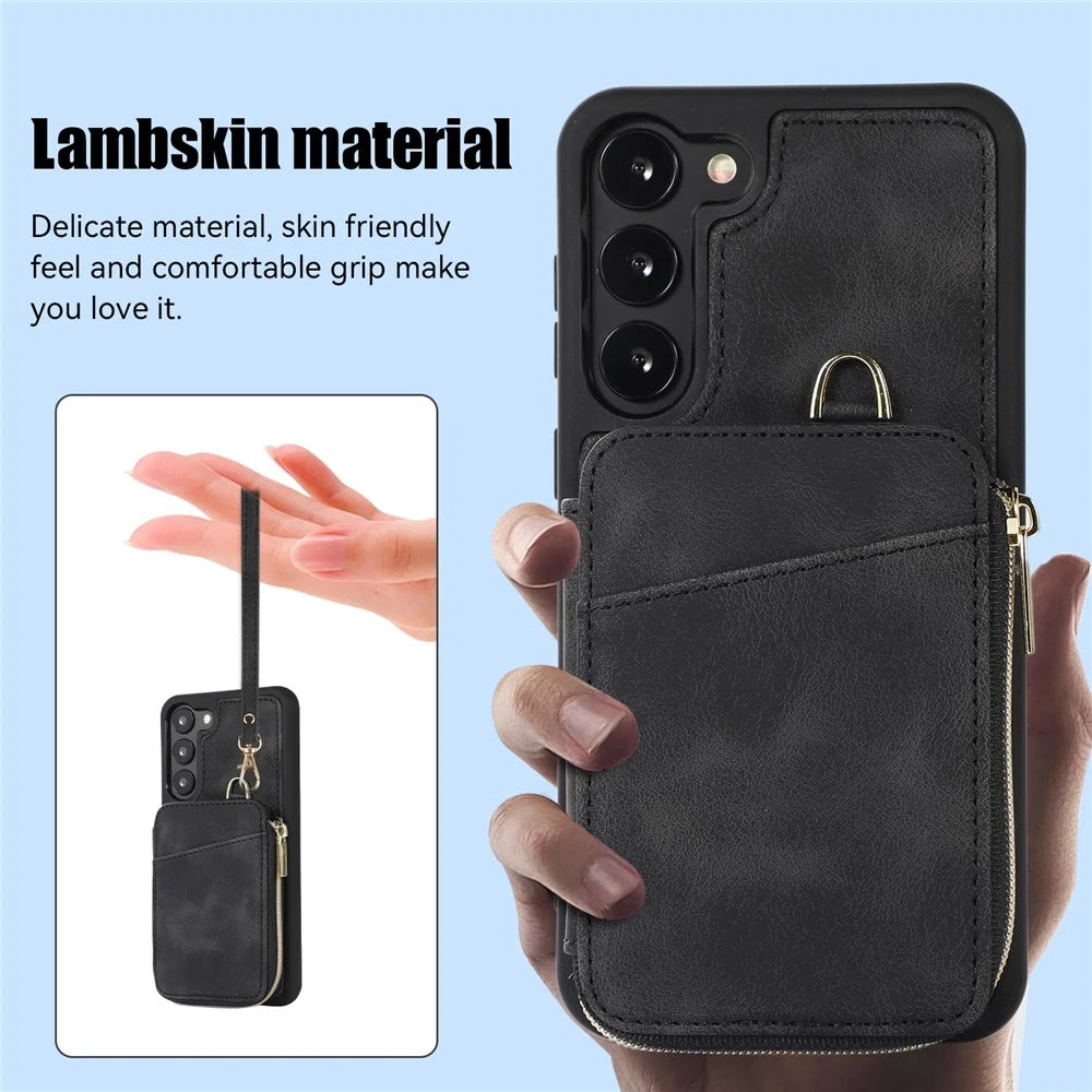 For Samsung Galaxy S23+ Zipper Card Holder Phone Case Leather Coated TPU Kickstand Cover with Straps - Black - 7