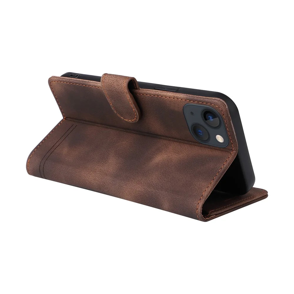 007 Series For iPhone 13 6.1 inch Leather Skin-touch Protective Cover Phone Stand Wallet Case - Brown - 4