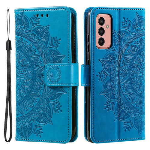 For Samsung Galaxy M14 5G Wallet Stand Flip Cover Mandala Flower Pattern Leather Phone Case - Blue - 1