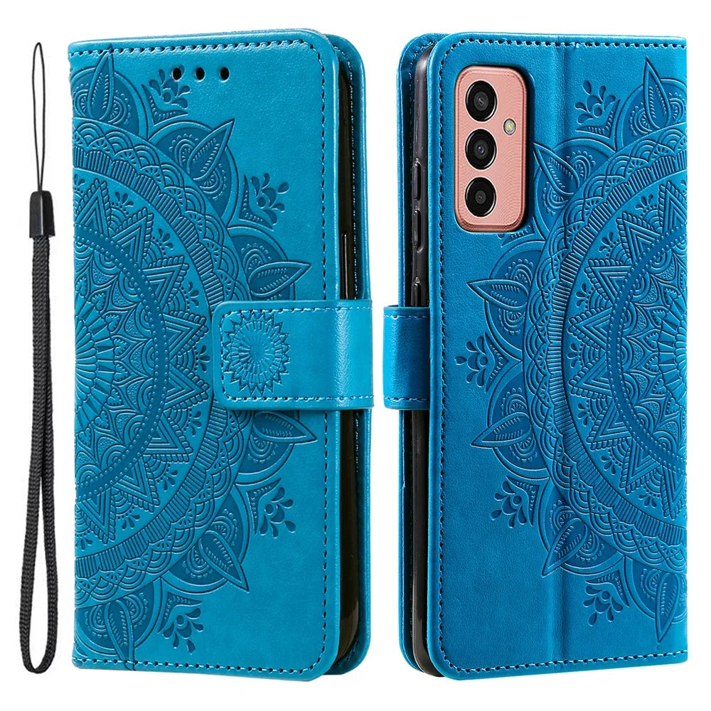 For Samsung Galaxy M14 5G Wallet Stand Flip Cover Mandala Flower Pattern Leather Phone Case - Blue - 1