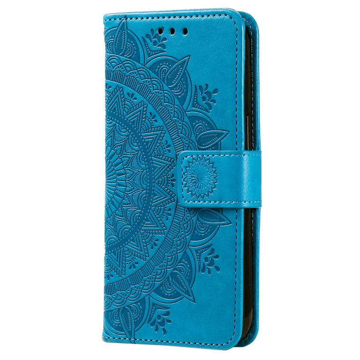 For Samsung Galaxy M14 5G Wallet Stand Flip Cover Mandala Flower Pattern Leather Phone Case - Blue - 5