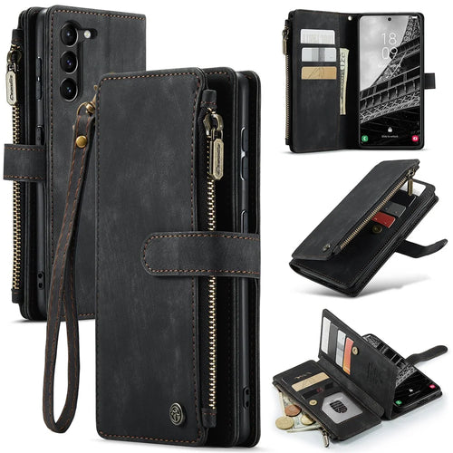 For Samsung Galaxy S23 Phone Cases with Strap CASEME C30 Zipper Multiple Card Holder PU Leather Cover - Black - 1