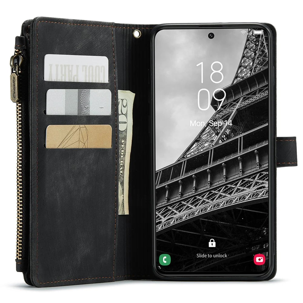 For Samsung Galaxy S23 Phone Cases with Strap CASEME C30 Zipper Multiple Card Holder PU Leather Cover - Black - 2